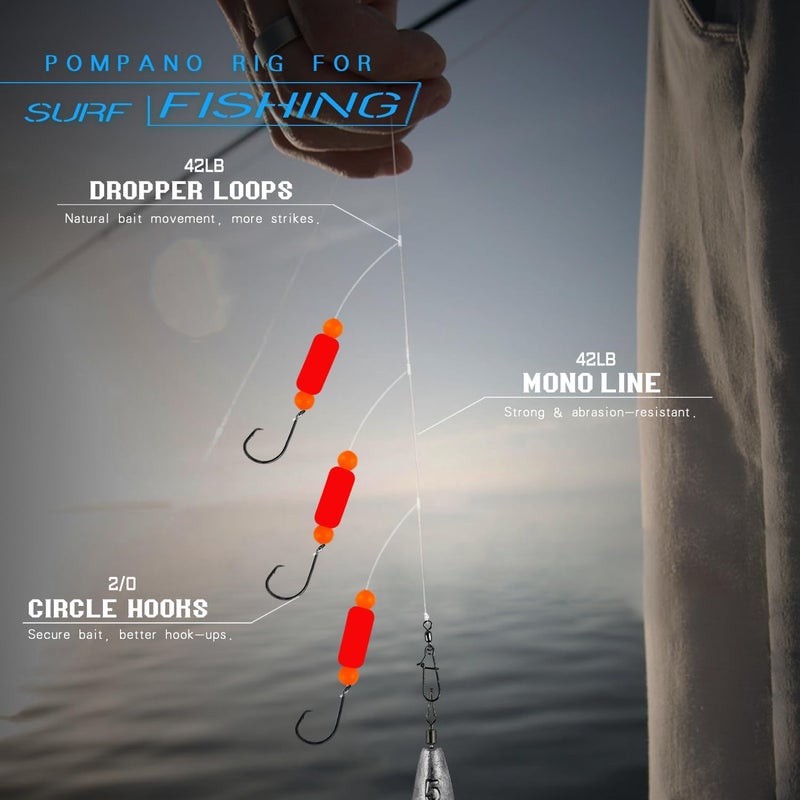 Vipfish Pompano Rig Saltwater Surf Fishing Rigs – Double Drop Leader Rigs with Hooks, Floats, Beads & Snap – Easy Pre-Tied Terminal Tackle for Pompano, Whiting, Redfish - Image 3